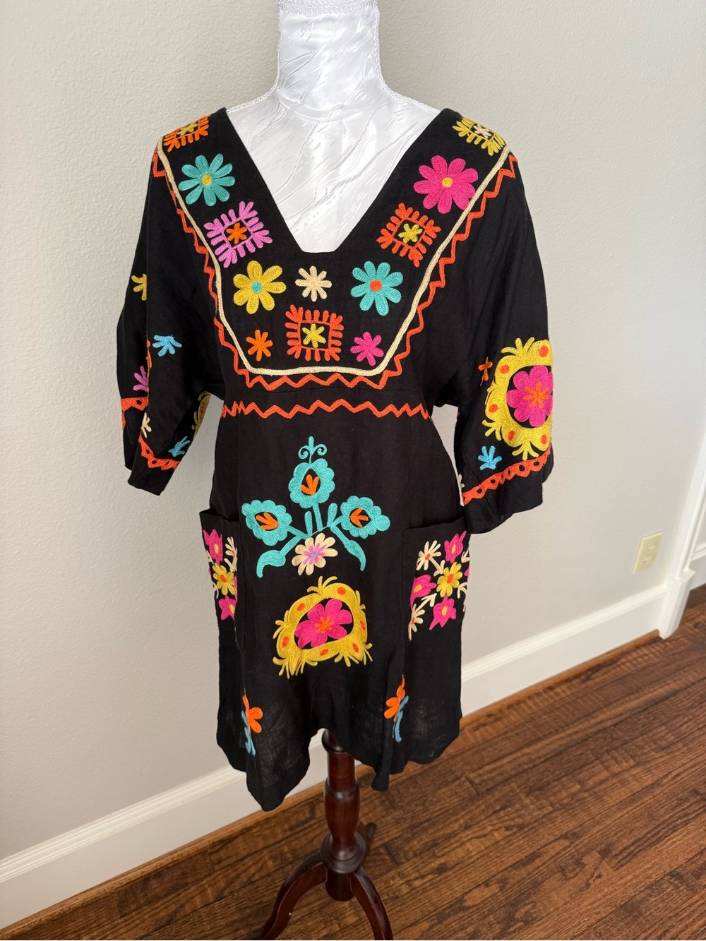 Uncle Frank Black Embroidered Floral Long Sleeve Dress with Multicolor Accents